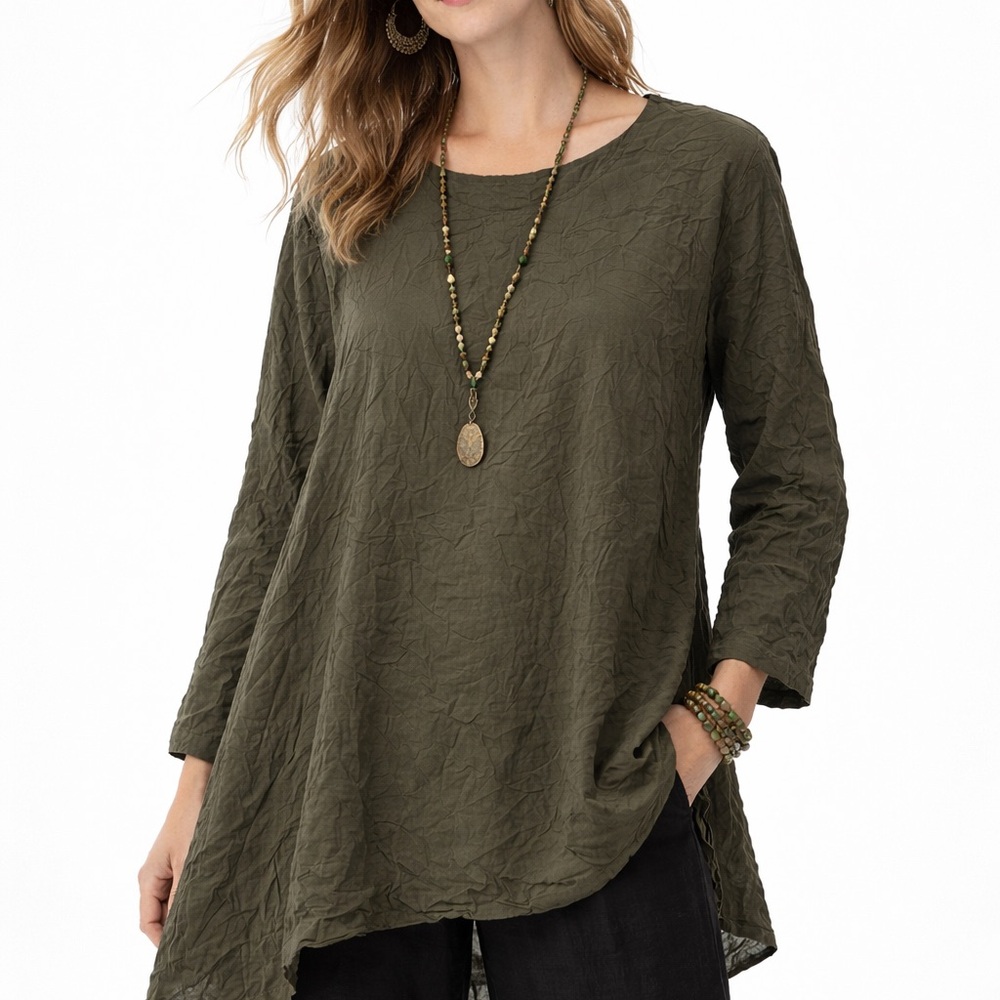 COMFY USA Olive Green Crinkle Tunic Artsy Lagenlook Oversized Size Medium Top